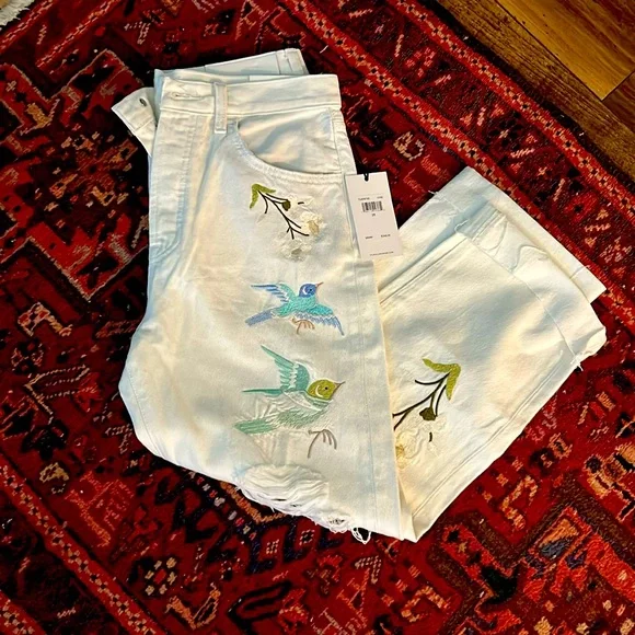 NEW 7 For All Mankind Easy Straight Ankle white crop jeans with embroidery - Picture 5 of 13